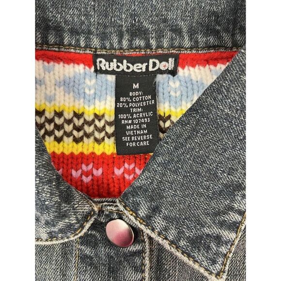 Rubber Doll Jean Jacket‎ Denim Crochet Multi Color Sleeves Size Medium - Picture 3 of 5